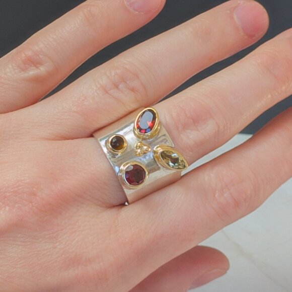 Michou Sterling & 22k Vermeil Wide-Band Ring w / Garnet, Citrine & Amber - Picture 12 of 13